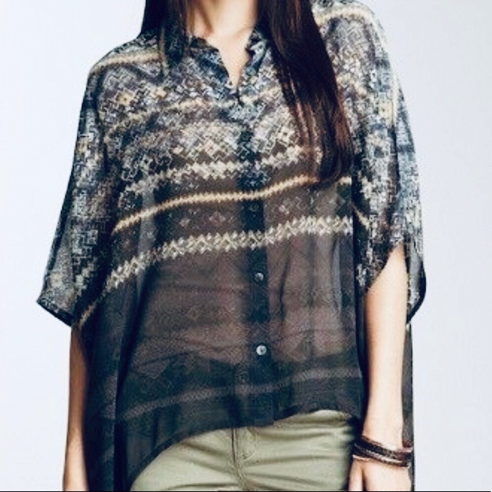 Da-Nang Sheer Black Patterned Button-Down Top